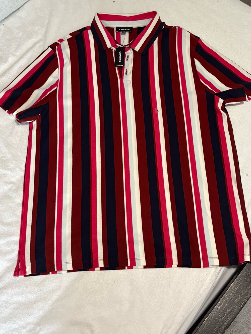 Express Striped Polo Shirt in Pink, Red, Navy & White w/ shorts